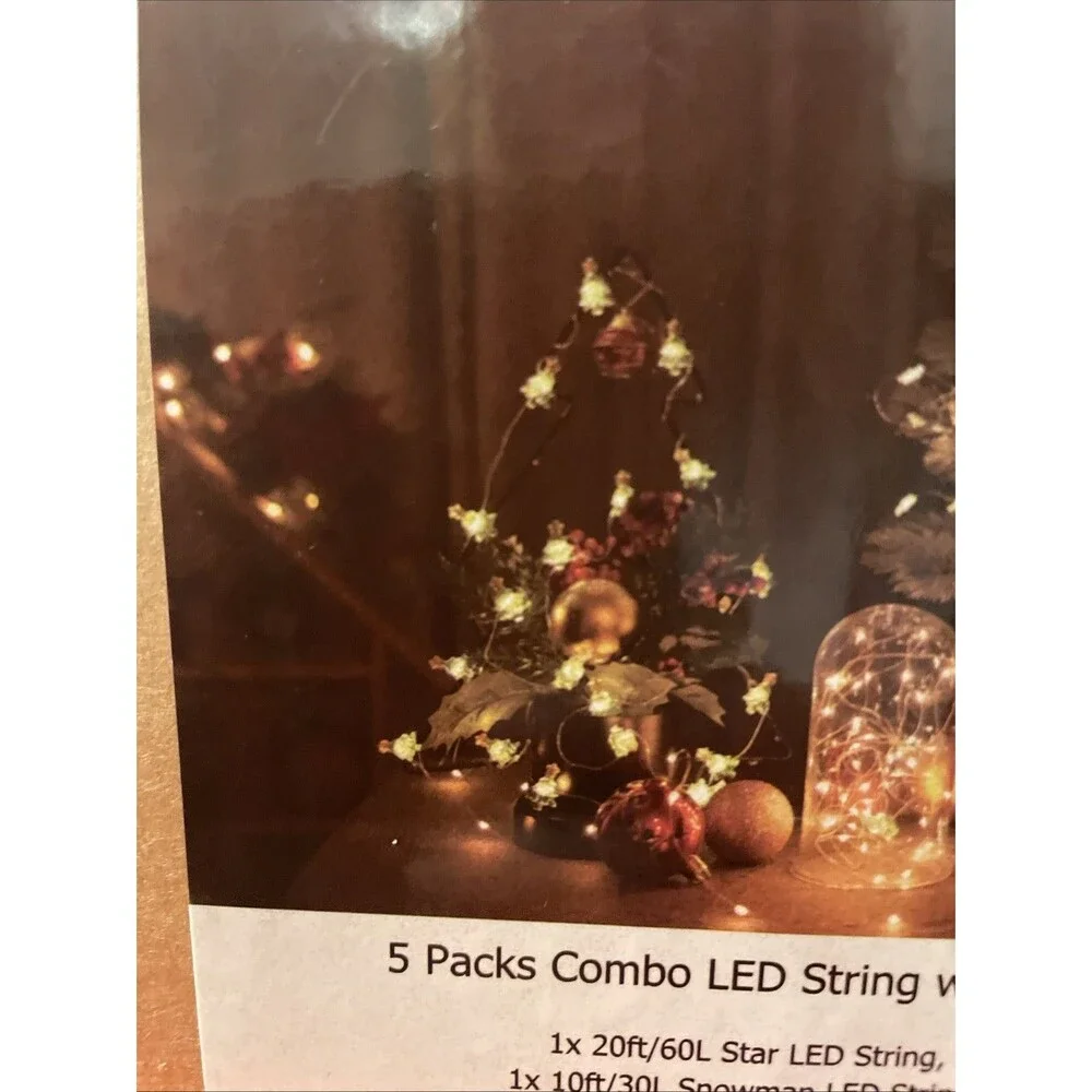 5 Pack Combo Led String With Christmas Decorations. Battery Operated, Timer